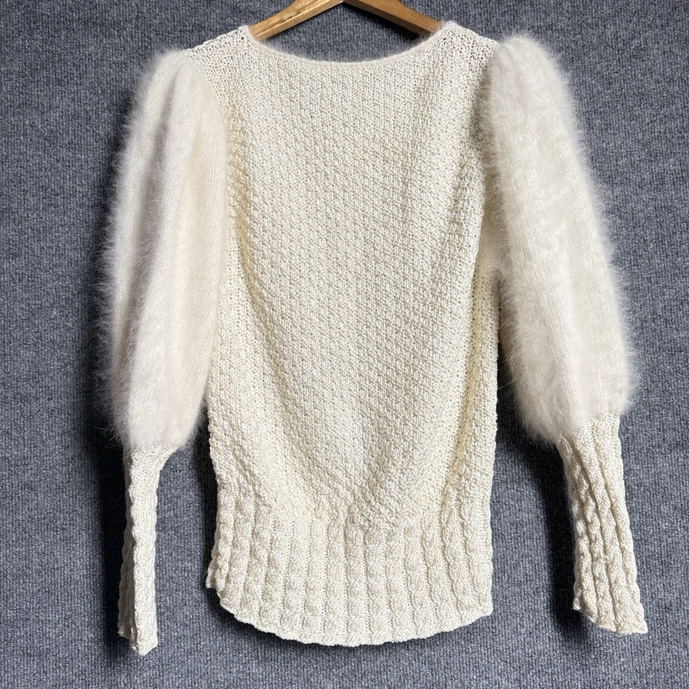 Knight Ltd Ivory Angora Balloon Sleeve Sweater M 80s Coquette Balletcore Knit